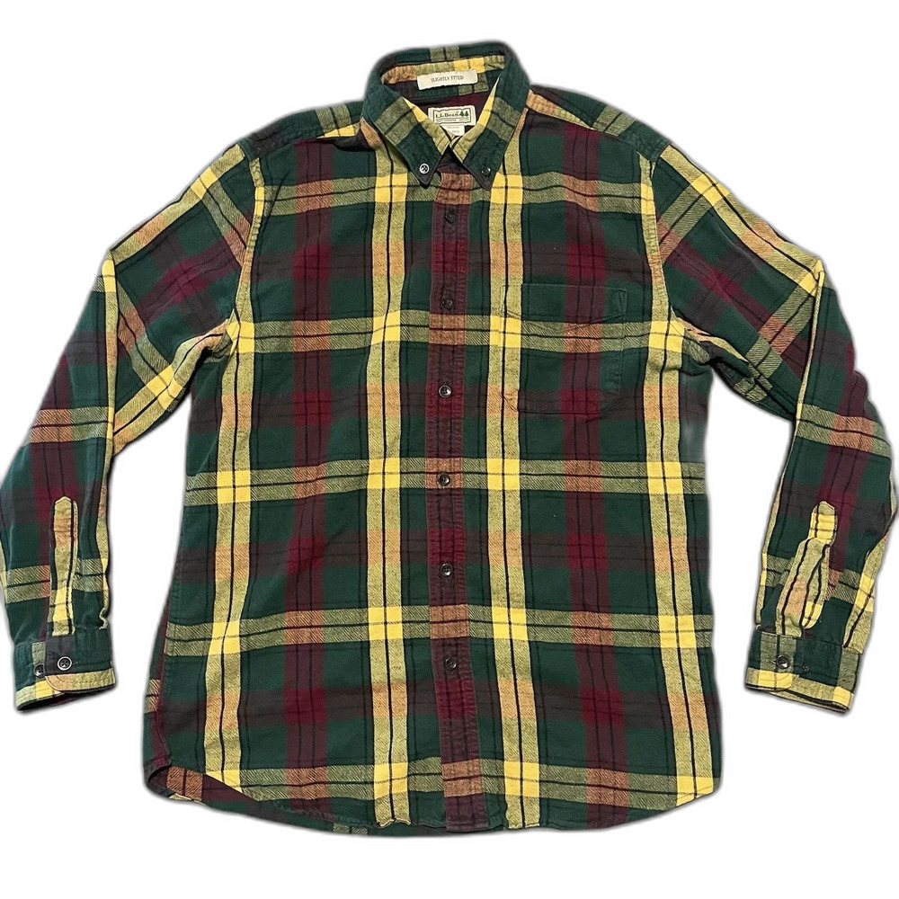 LL Bean Yellow Green Red plaid flannel Men's slightly fitted M-REG